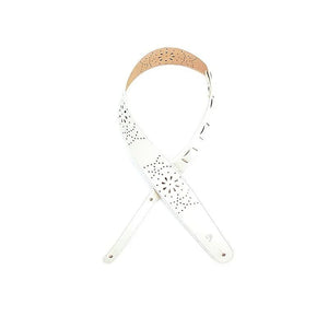 D'Addario 2.5" White Leather Guitar Strap Perforated Flowers L25W1502